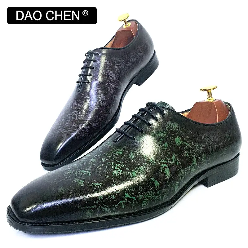 GREEN OXFORD SHOES LACE UP HAND-POLISHED REAL LEATHER WEDDING SHOES