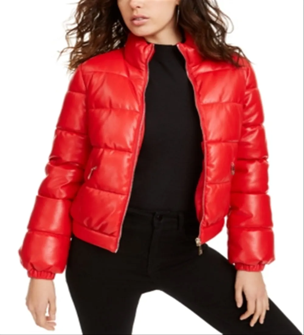 GUESS Women's Valetta Faux Leather Puffer Coat Red Size X-Large