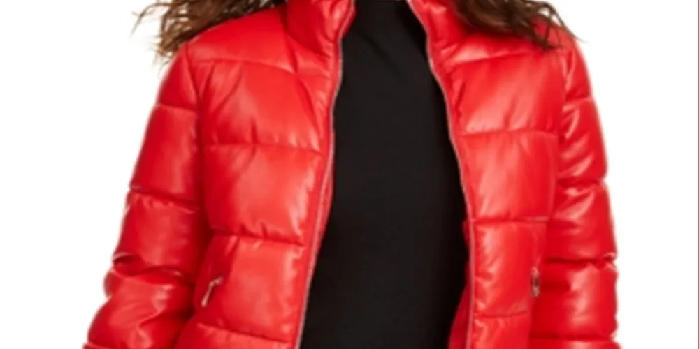 GUESS Women's Valetta Faux Leather Puffer Coat Red Size X-Large