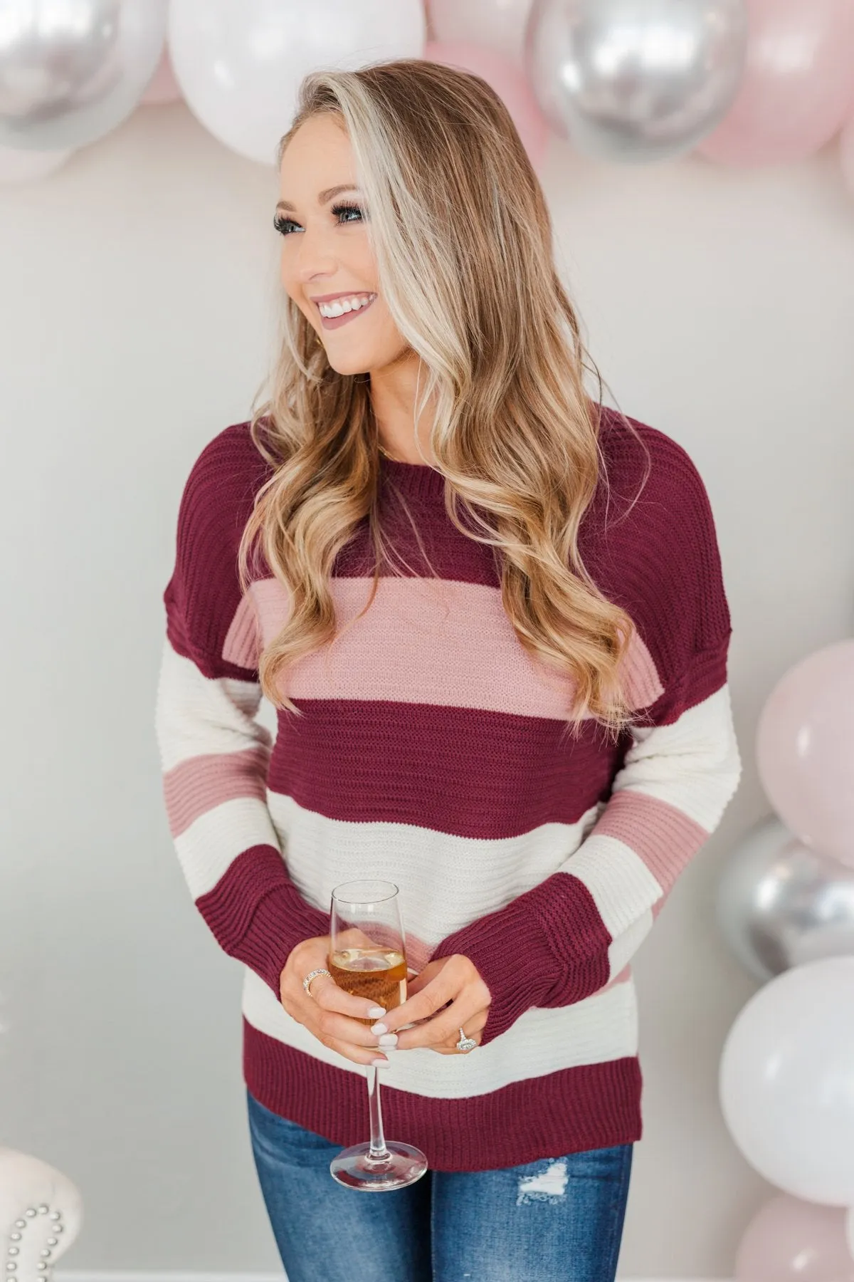 Hands In The Air Knit Sweater- Burgundy, Mauve Pink, & Ivory