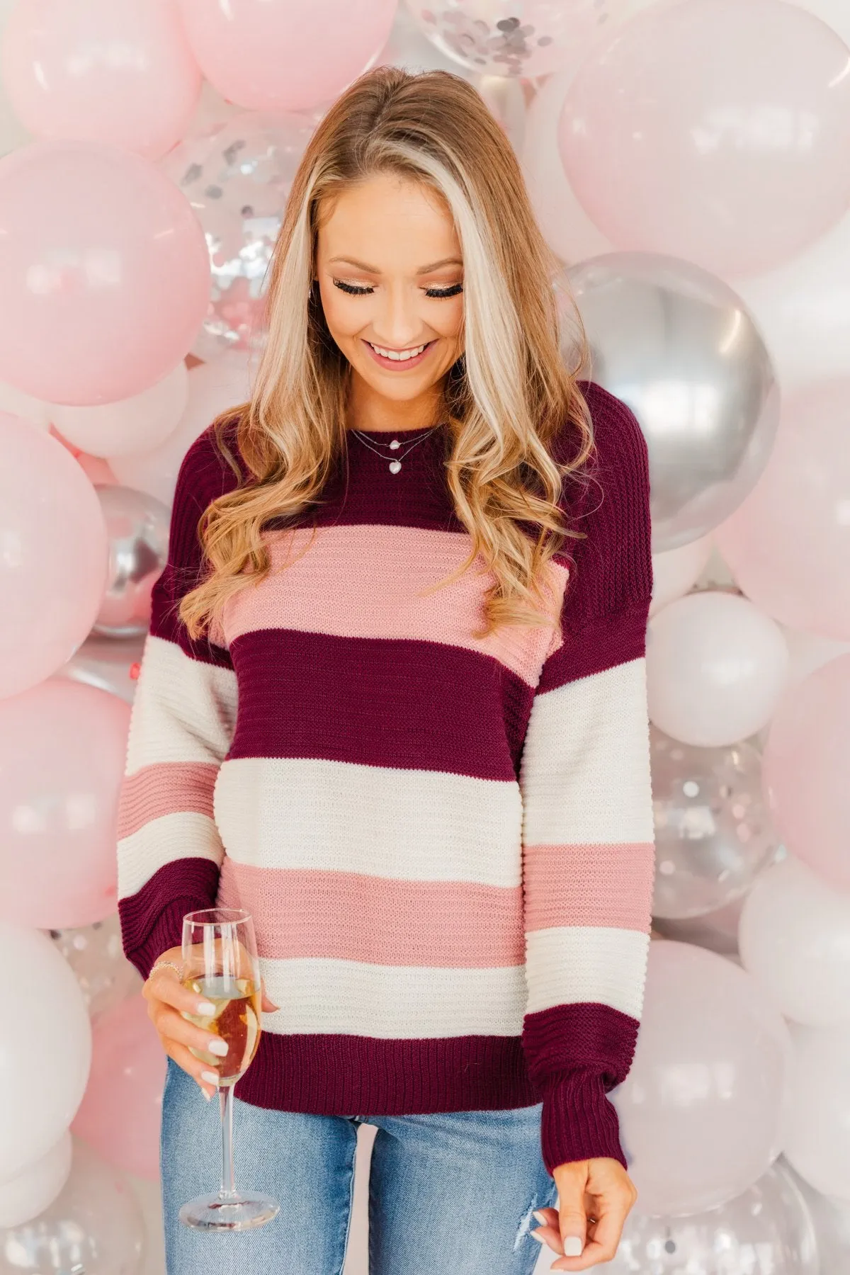 Hands In The Air Knit Sweater- Burgundy, Mauve Pink, & Ivory