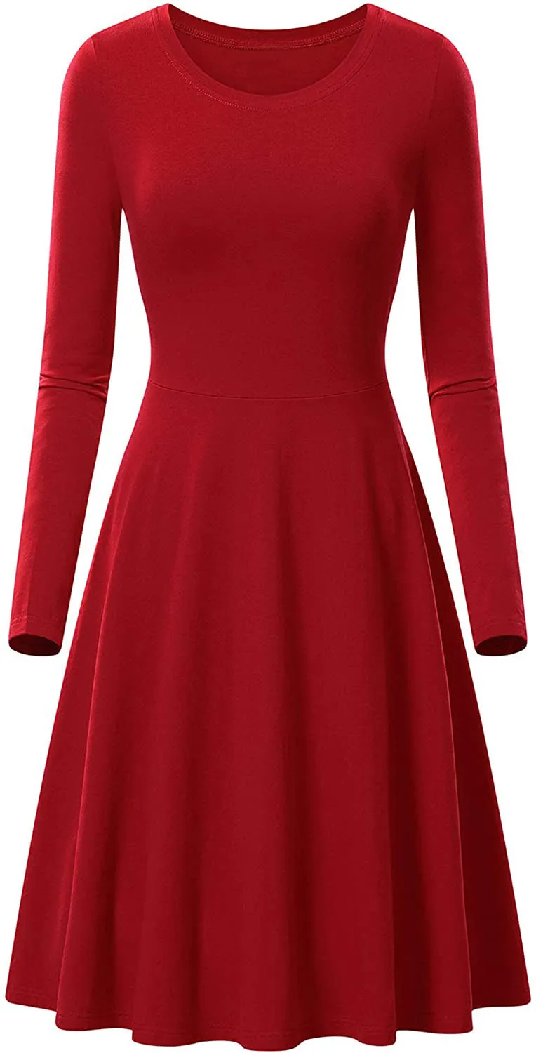 Haute Edition Women's Long Sleeve Solid Color Flared Skater Dress