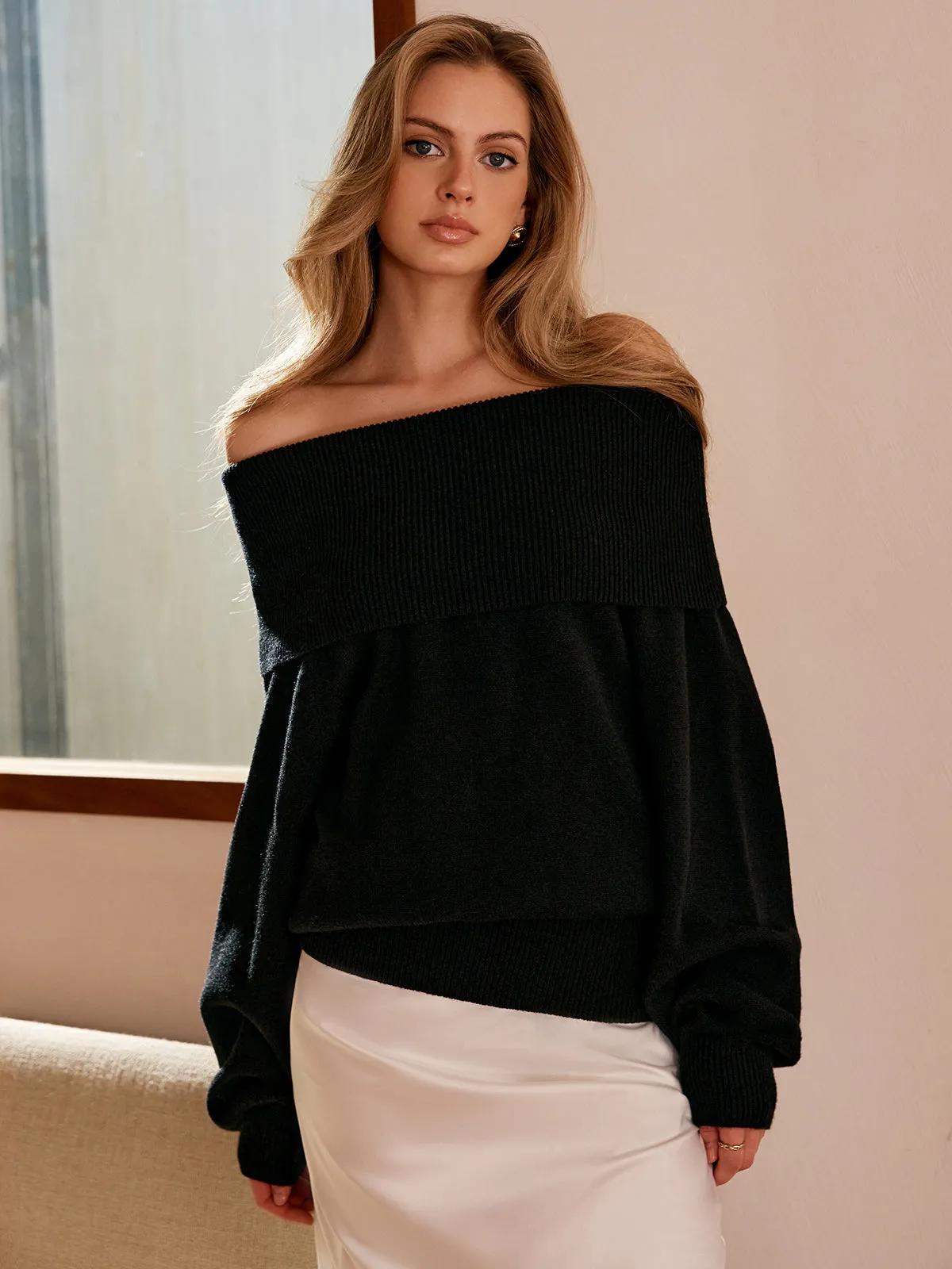 High Stretch Off-Shoulder Shift Sweater