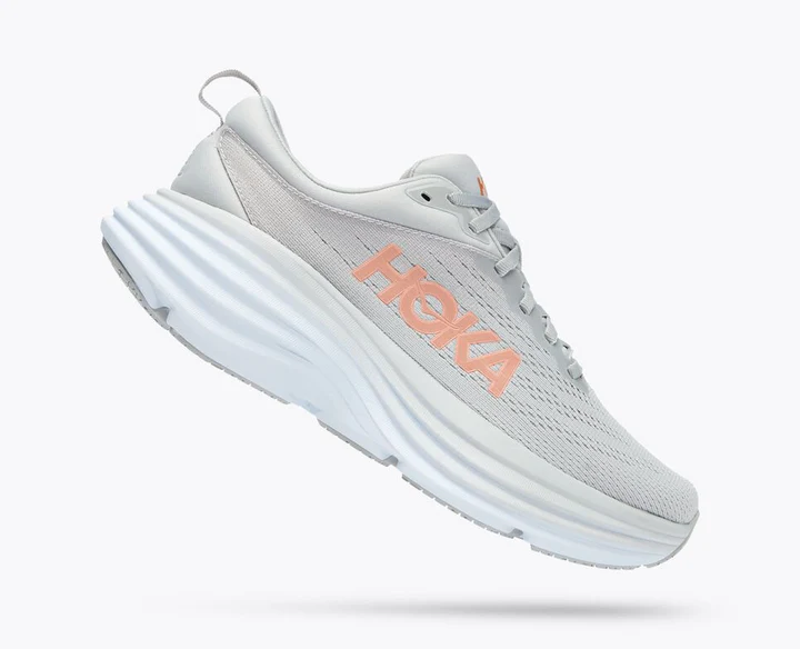 Hoka Womens Bondi 8 Athletic Shoes **Wide Width**- White/Light Grey