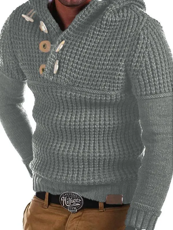 Horn Button Hooded Men Pullover Sweater