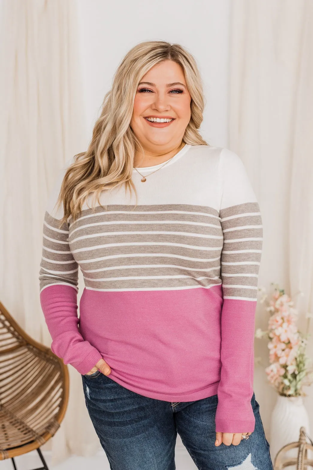 Jaw Dropping Striped Color Block Sweater- Pink