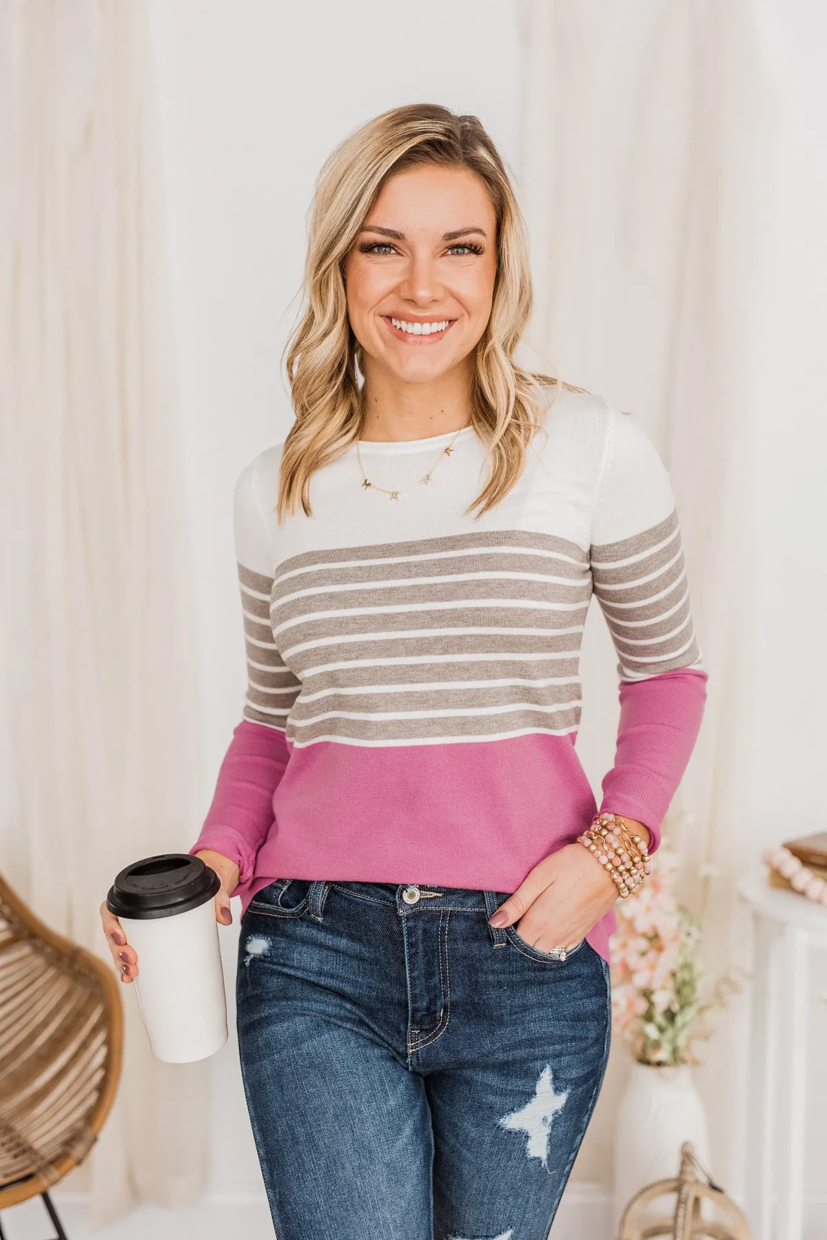 Jaw Dropping Striped Color Block Sweater- Pink