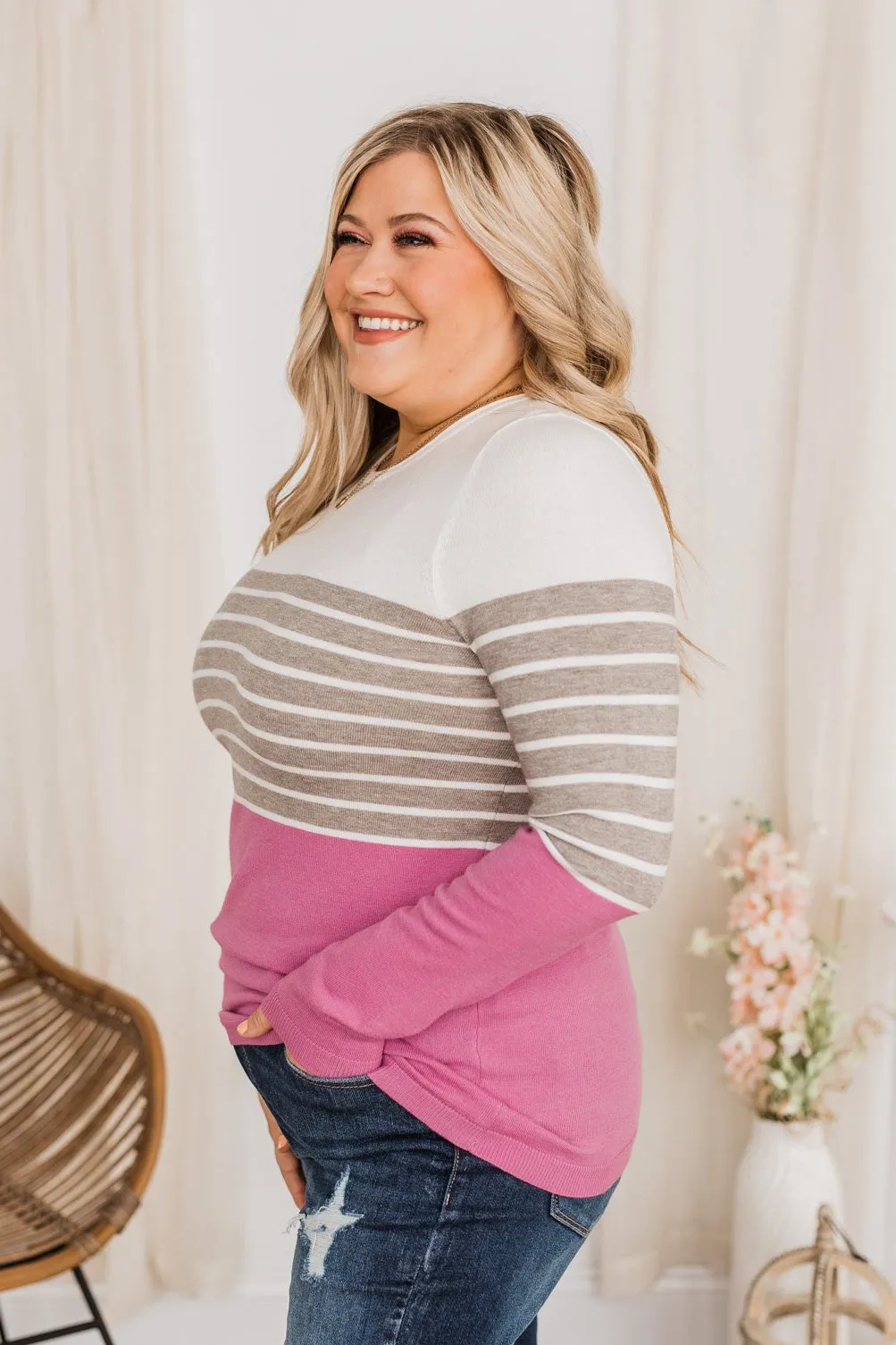 Jaw Dropping Striped Color Block Sweater- Pink