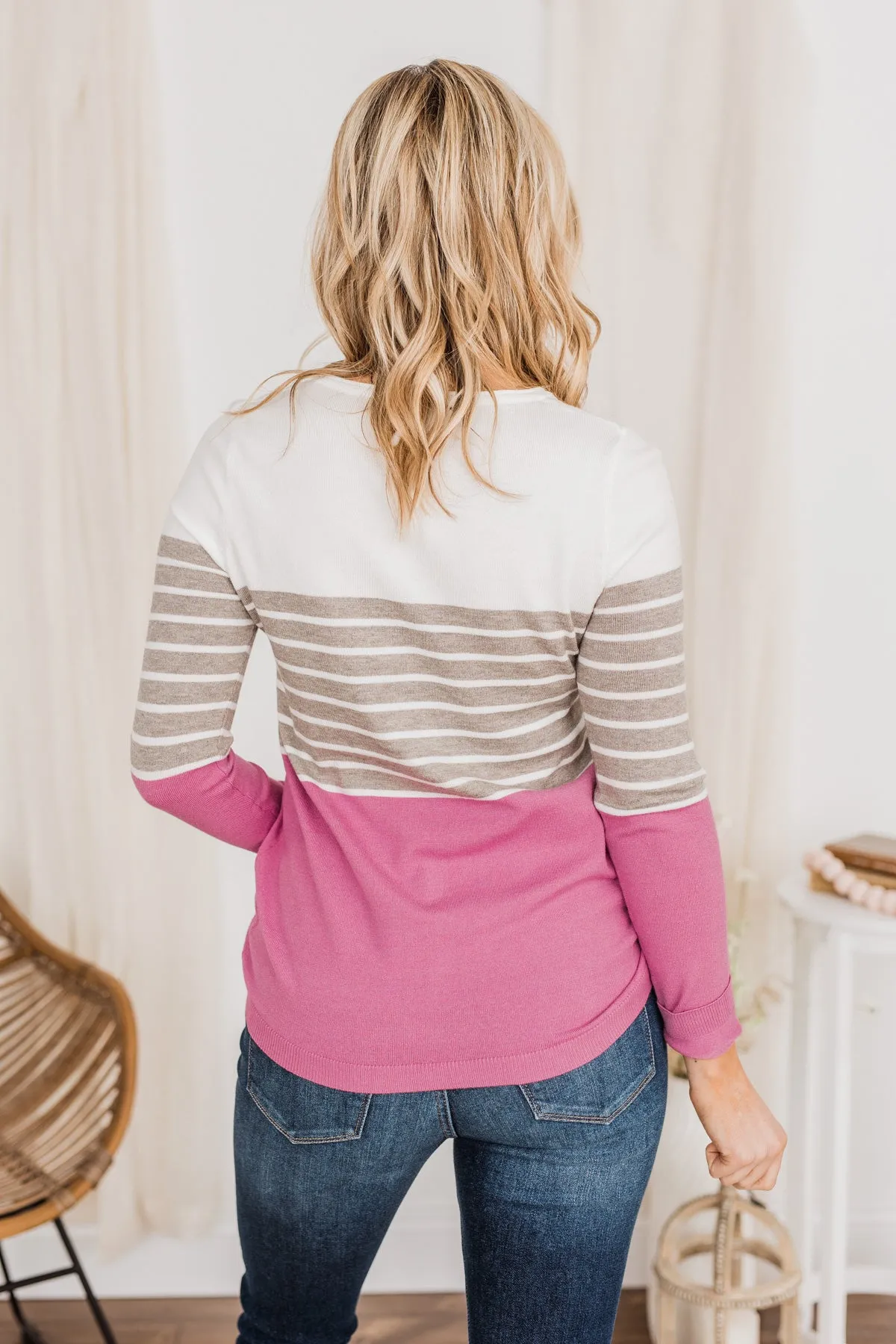 Jaw Dropping Striped Color Block Sweater- Pink