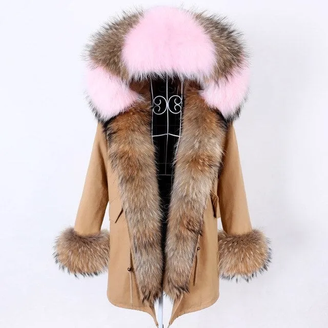 Khaki Color Women's Natural Real Fur Collared Coat Parka Jacket for Winter