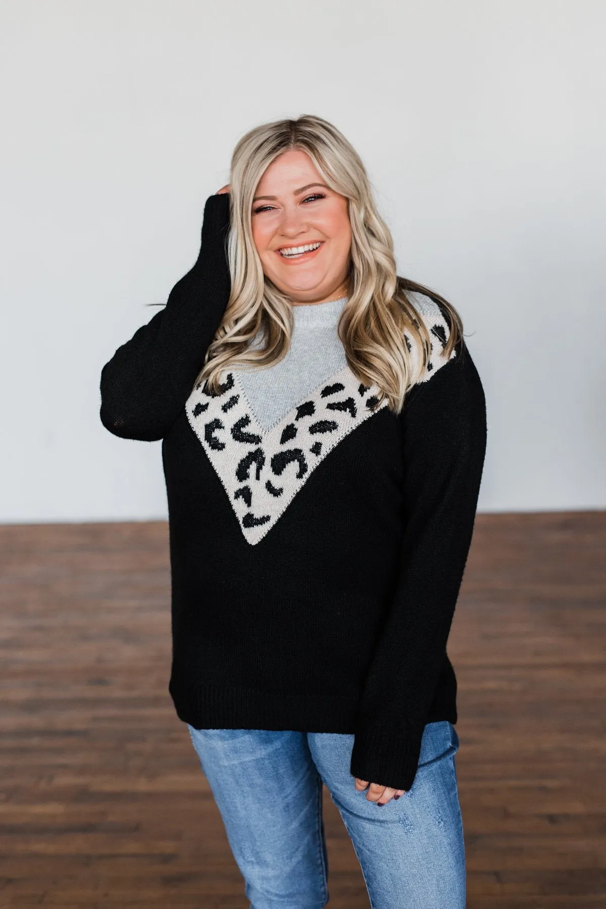 Love Fiercely Chevron Color Block Sweater- Black, Grey, & Leopard