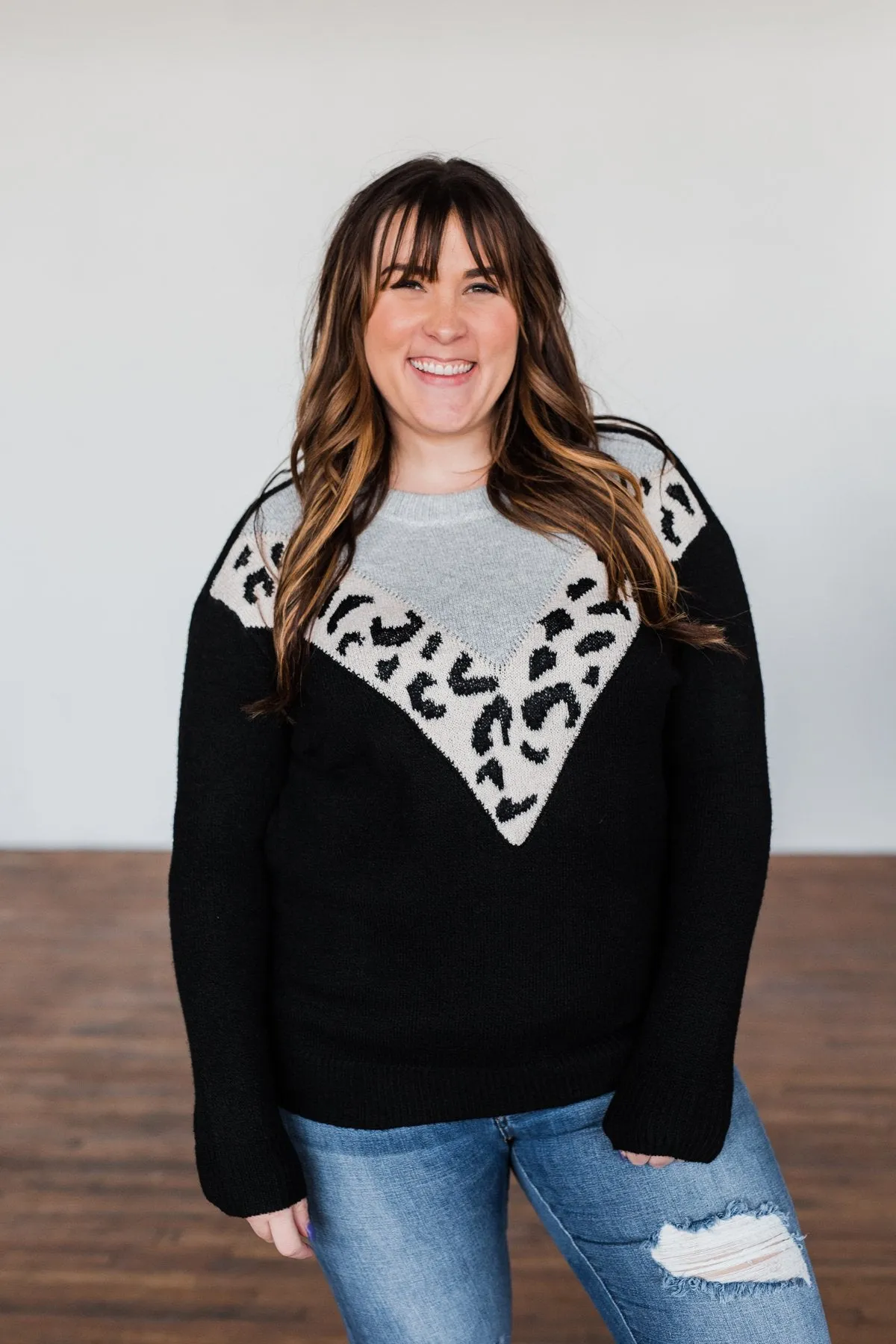 Love Fiercely Chevron Color Block Sweater- Black, Grey, & Leopard