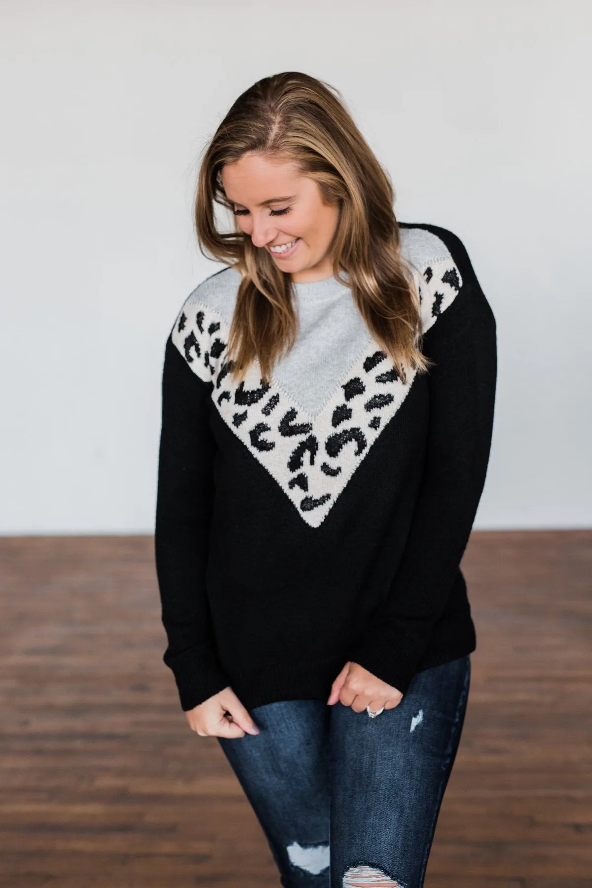 Love Fiercely Chevron Color Block Sweater- Black, Grey, & Leopard