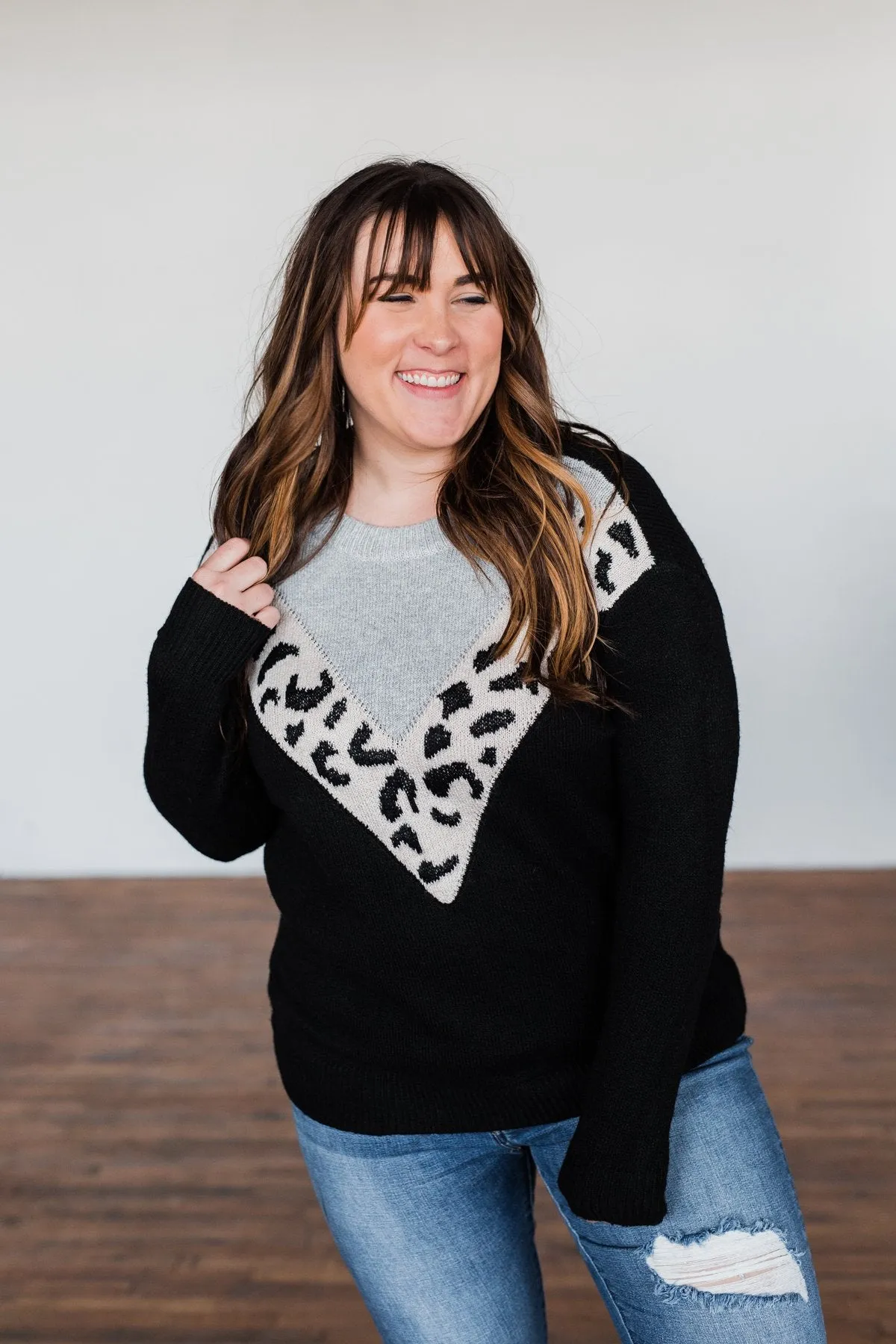 Love Fiercely Chevron Color Block Sweater- Black, Grey, & Leopard