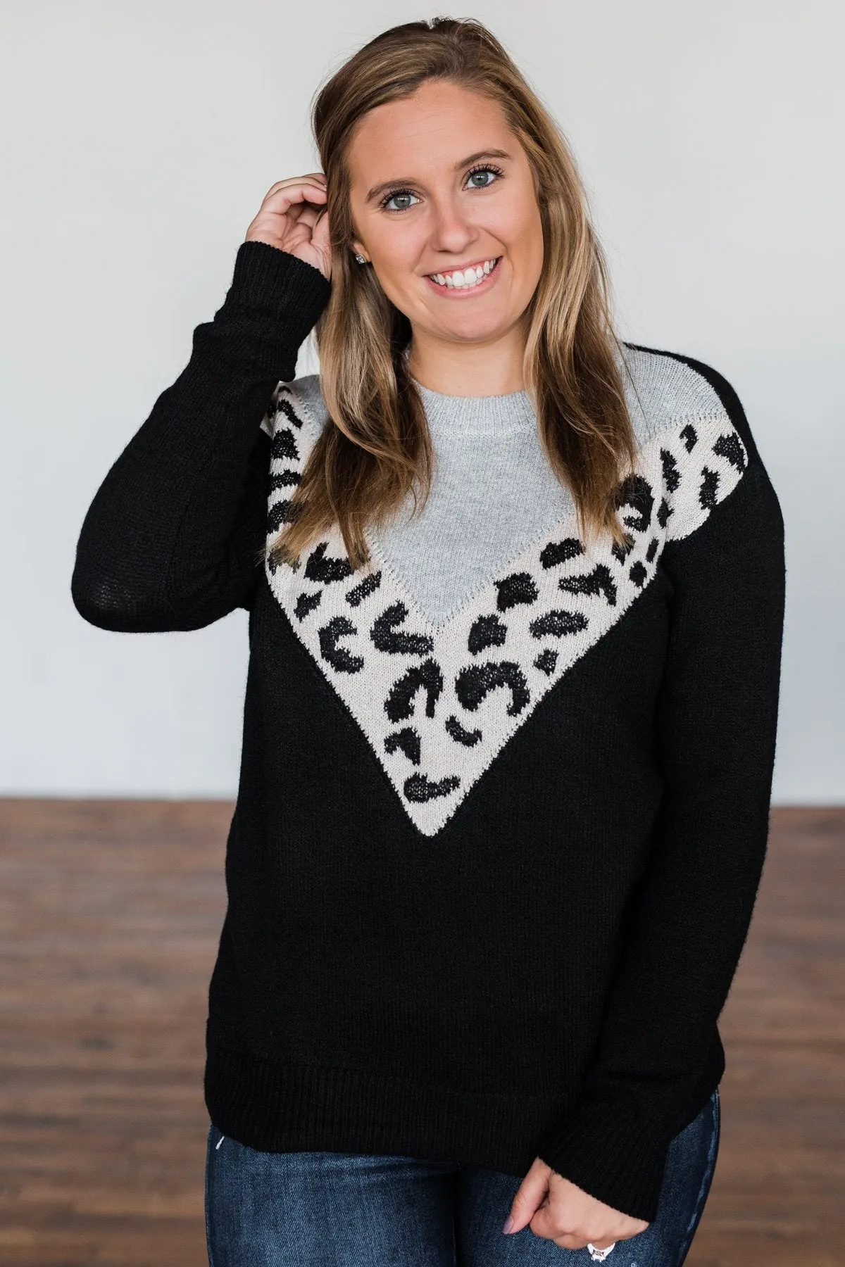 Love Fiercely Chevron Color Block Sweater- Black, Grey, & Leopard