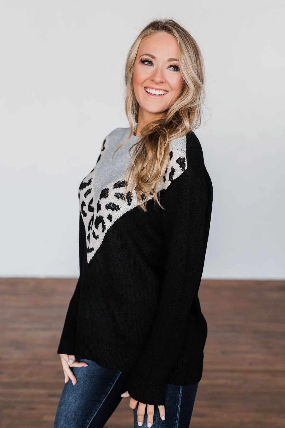 Love Fiercely Chevron Color Block Sweater- Black, Grey, & Leopard