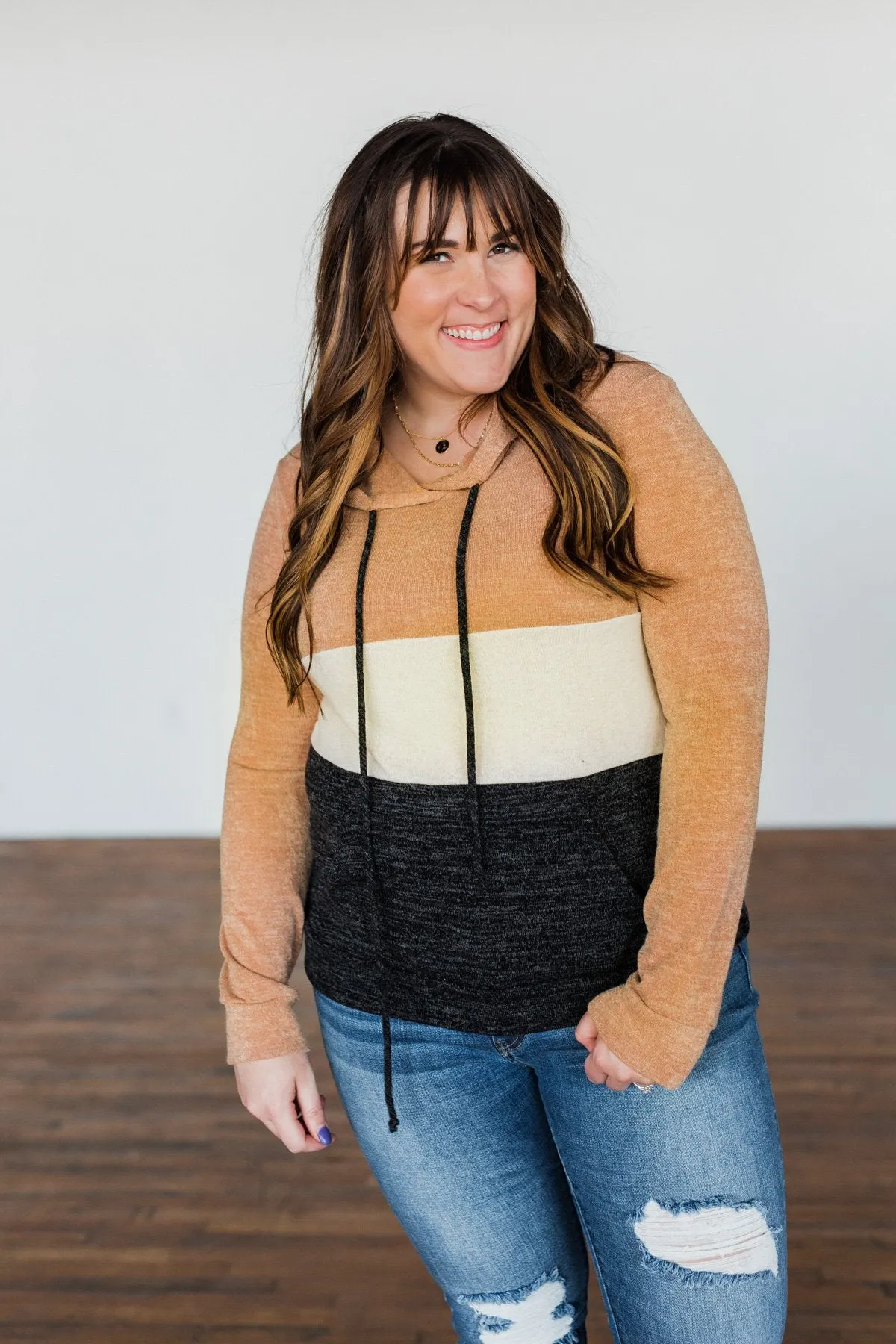 Make Me Smile Color Block Hoodie- Mustard, Oatmeal, & Charcoal