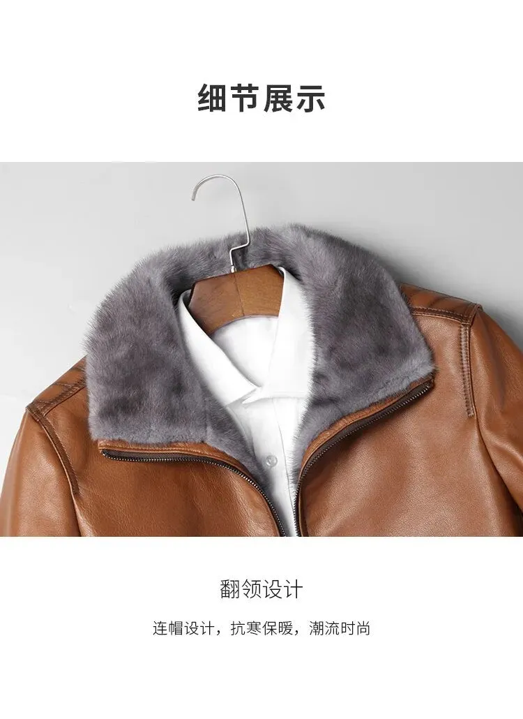 Men's Casual Genuine Leather Real Fur Mink Collar Zipper Winter Coat