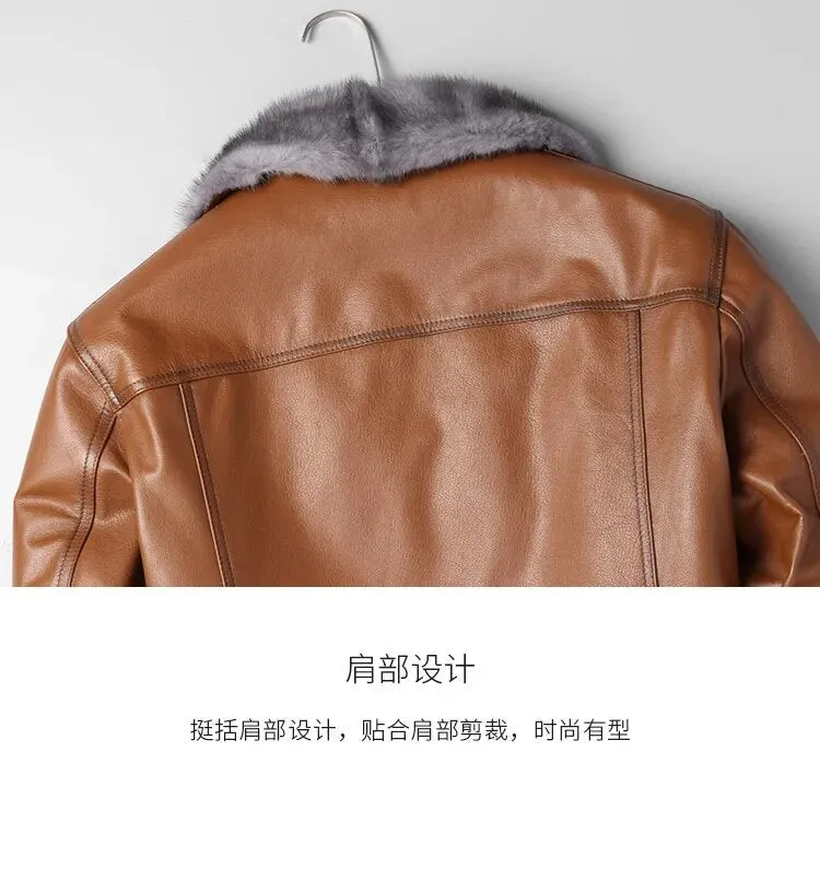 Men's Casual Genuine Leather Real Fur Mink Collar Zipper Winter Coat