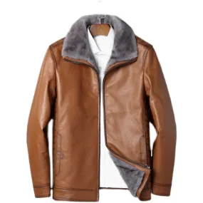 Men's Casual Genuine Leather Real Fur Mink Collar Zipper Winter Coat