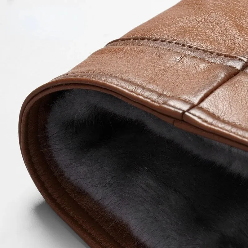 Men's Casual Genuine Leather Real Fur Mink Collar Zipper Winter Coat