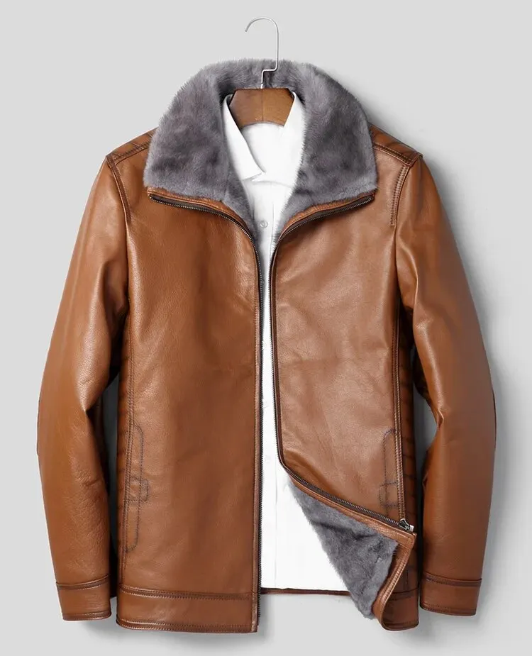 Men's Casual Genuine Leather Real Fur Mink Collar Zipper Winter Coat