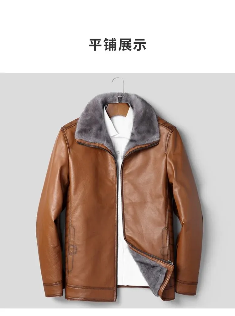 Men's Casual Genuine Leather Real Fur Mink Collar Zipper Winter Coat