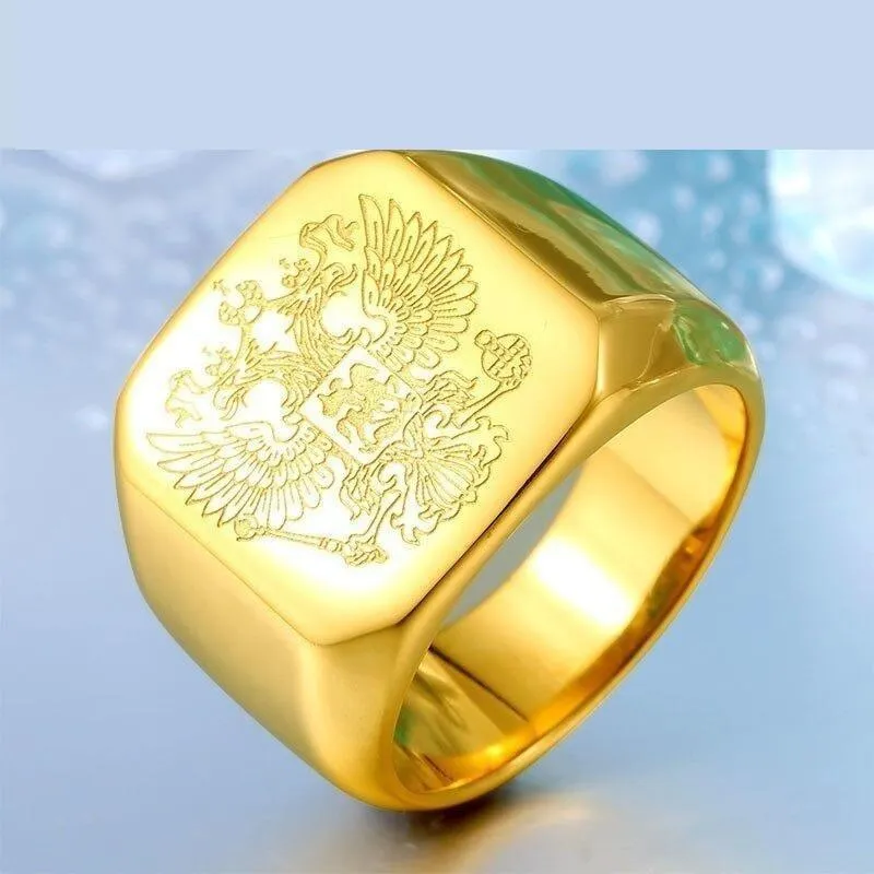 Men's Cool Stainless Steel Eagle Ring with Russian Coat of Arms Design