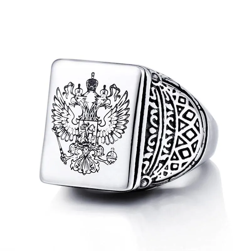 Men's Cool Stainless Steel Eagle Ring with Russian Coat of Arms Design