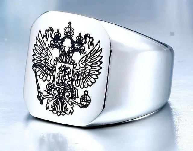 Men's Cool Stainless Steel Eagle Ring with Russian Coat of Arms Design