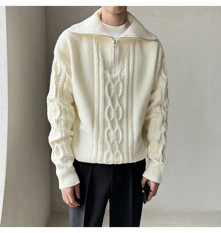 Men's Large Lapel Coarse Pattern Zipper Computer Knitted Sweater