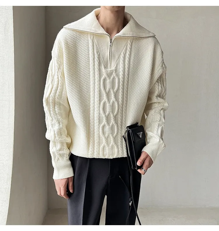 Men's Large Lapel Coarse Pattern Zipper Computer Knitted Sweater