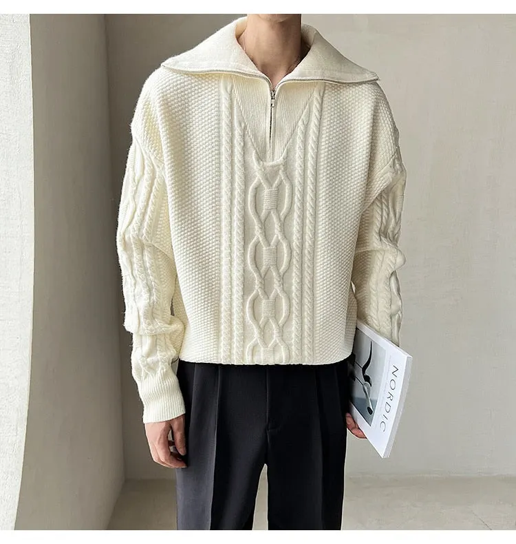 Men's Large Lapel Coarse Pattern Zipper Computer Knitted Sweater