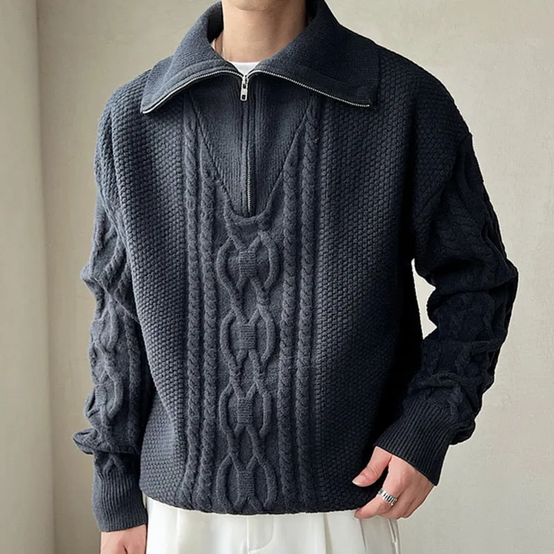 Men's Large Lapel Coarse Pattern Zipper Computer Knitted Sweater