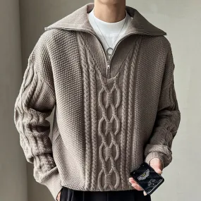 Men's Large Lapel Coarse Pattern Zipper Computer Knitted Sweater