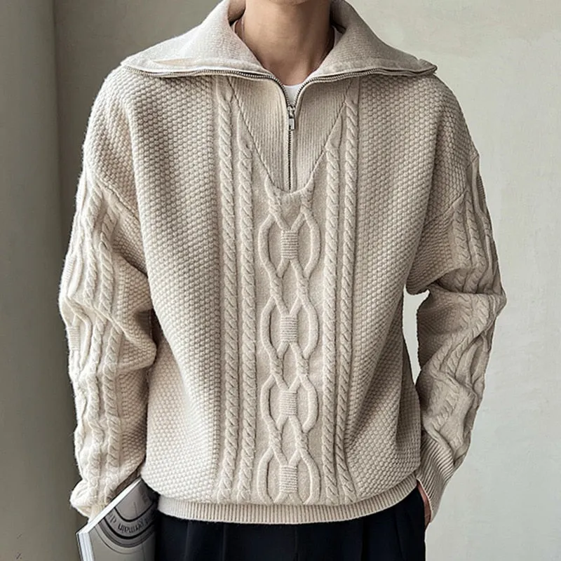 Men's Large Lapel Coarse Pattern Zipper Computer Knitted Sweater