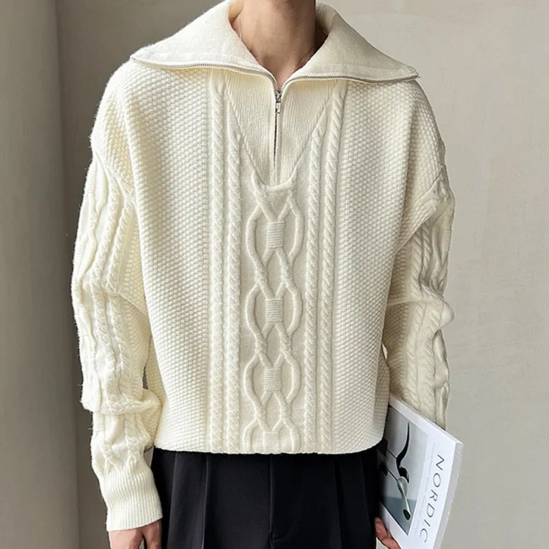 Men's Large Lapel Coarse Pattern Zipper Computer Knitted Sweater