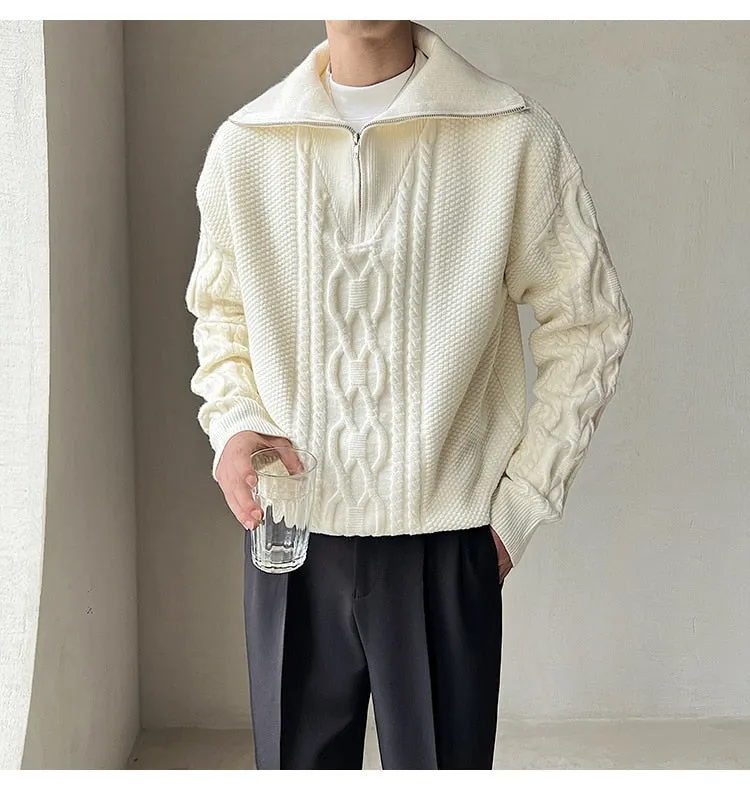 Men's Large Lapel Coarse Pattern Zipper Computer Knitted Sweater