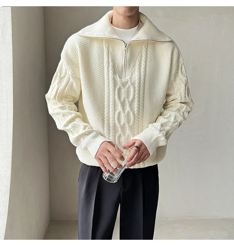 Men's Large Lapel Coarse Pattern Zipper Computer Knitted Sweater