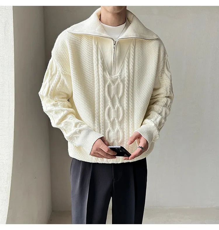 Men's Large Lapel Coarse Pattern Zipper Computer Knitted Sweater