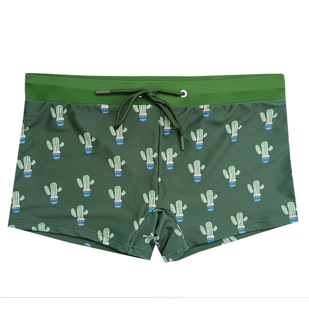 Men's Polyester Printed Tree Pattern Low Waist Beach Short Swimwear