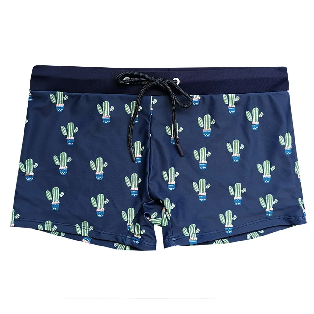 Men's Polyester Printed Tree Pattern Low Waist Beach Short Swimwear