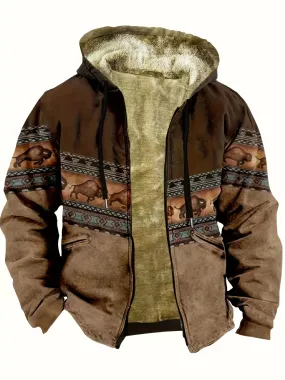 Men's Southwest Plush Thick Hooded Winter Coat, Warm Thermal Trendy Winter Jacket