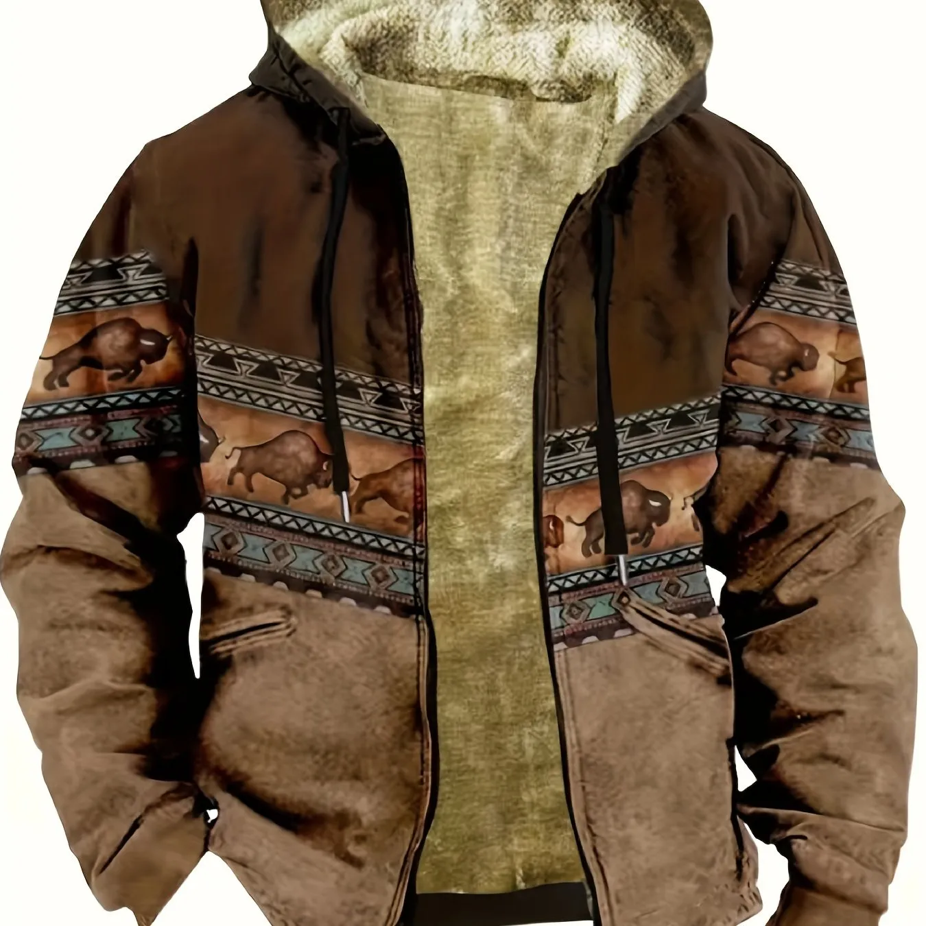 Men's Southwest Plush Thick Hooded Winter Coat, Warm Thermal Trendy Winter Jacket