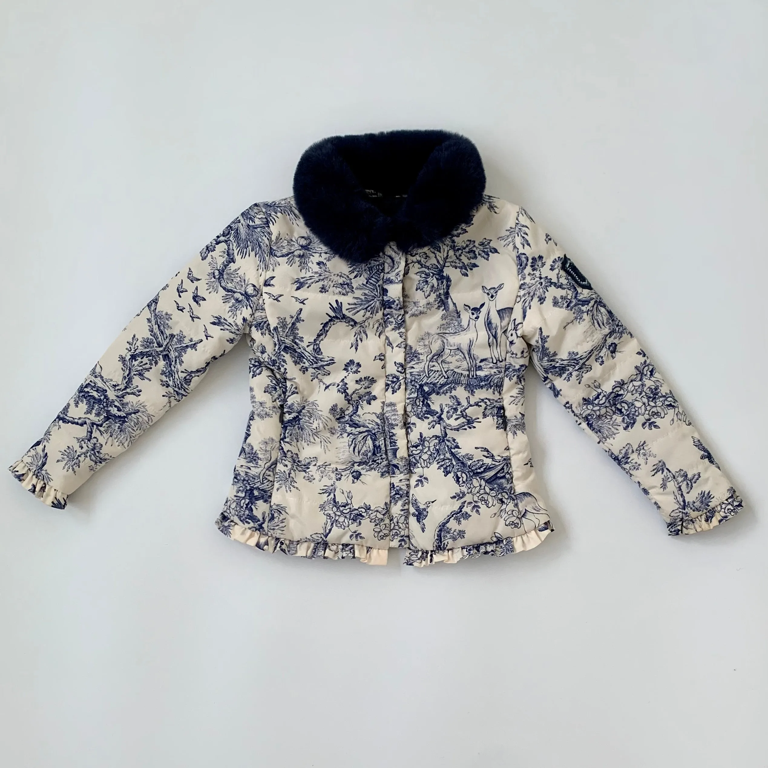 Monnalisa Toile De Jouy Coat With Faux Fur Collar: 4 Years