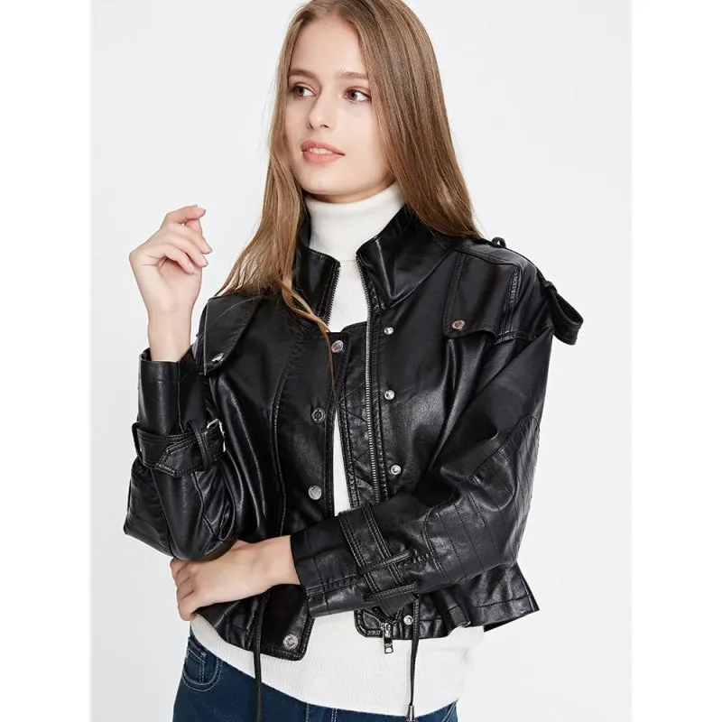 Moto Biker Light Color Synthetic Leather Loose Zipper Coat for Women