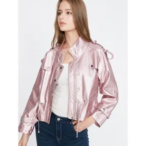 Moto Biker Light Color Synthetic Leather Loose Zipper Coat for Women