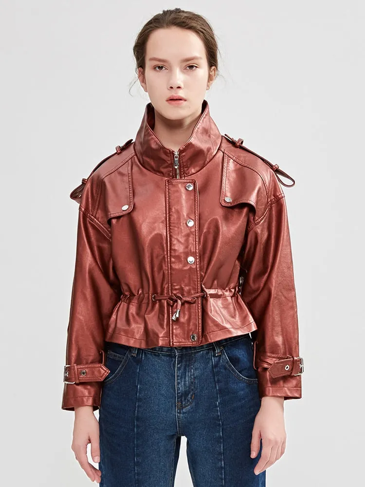 Moto Biker Light Color Synthetic Leather Loose Zipper Coat for Women