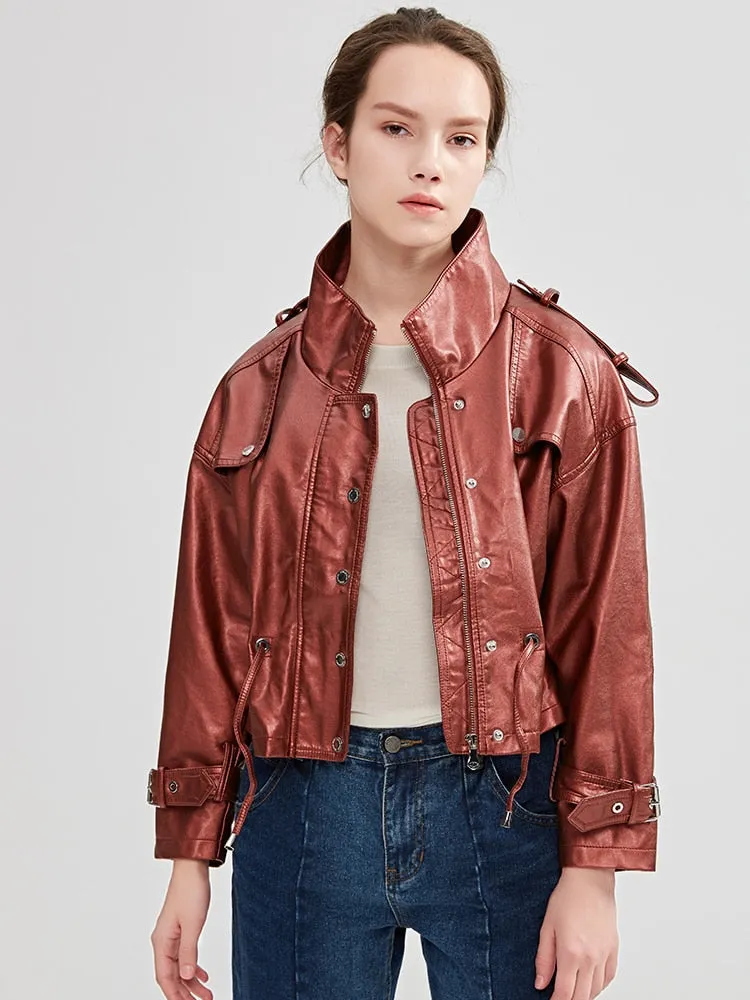 Moto Biker Light Color Synthetic Leather Loose Zipper Coat for Women