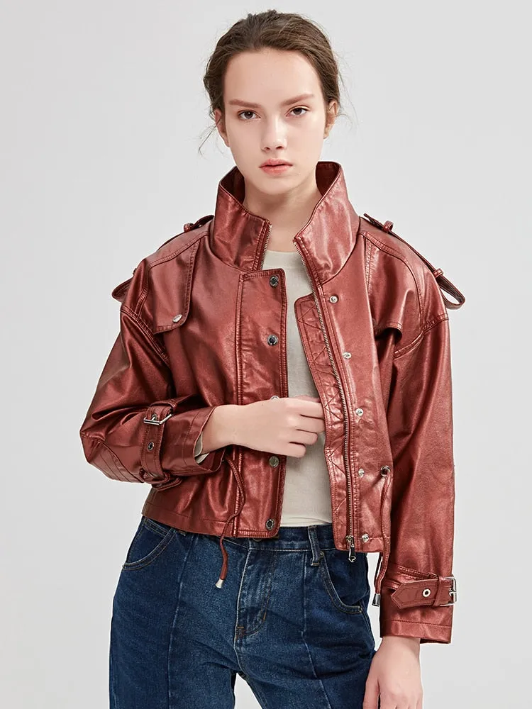 Moto Biker Light Color Synthetic Leather Loose Zipper Coat for Women